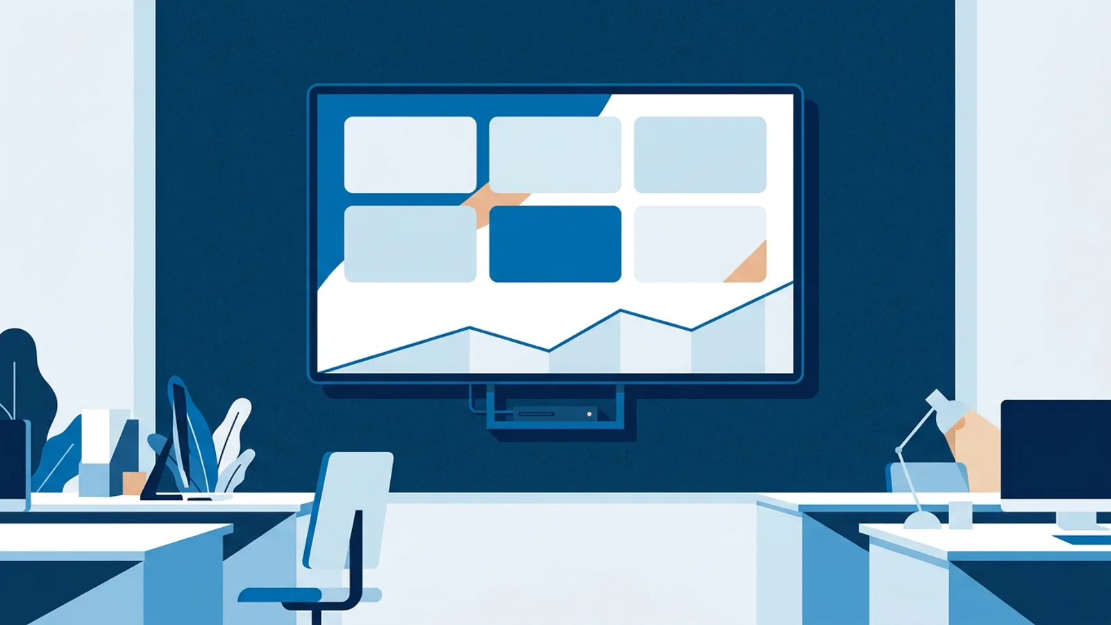 Office TV on a wall displaying six large KPI tiles and one trend line, viewed from across a room of desks.