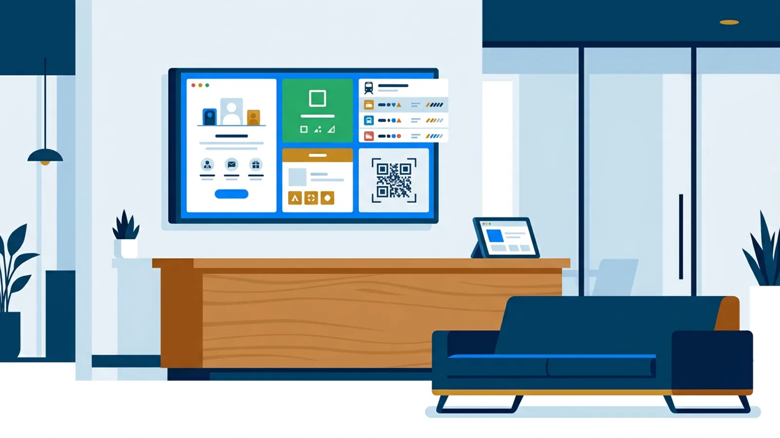 Office reception desk with a wall-mounted TV showing a welcome message, meeting room status, train departures and a Wi-Fi QR code.