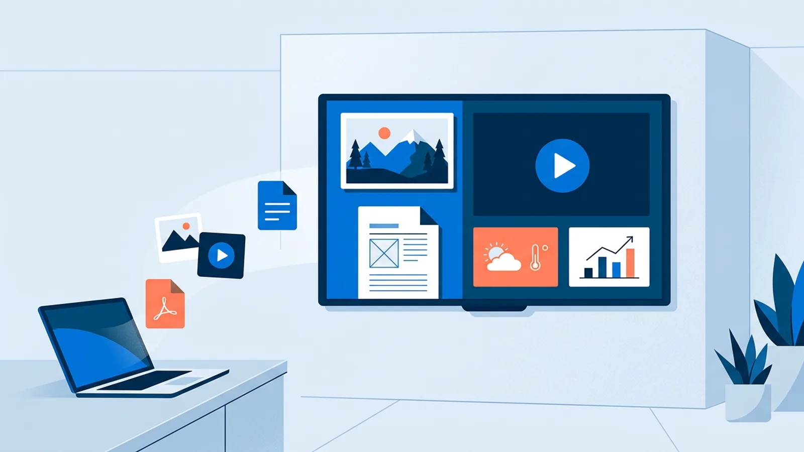 A TV screen displaying images, video, a document, a weather widget and a chart, with file icons moving from a laptop to the screen.