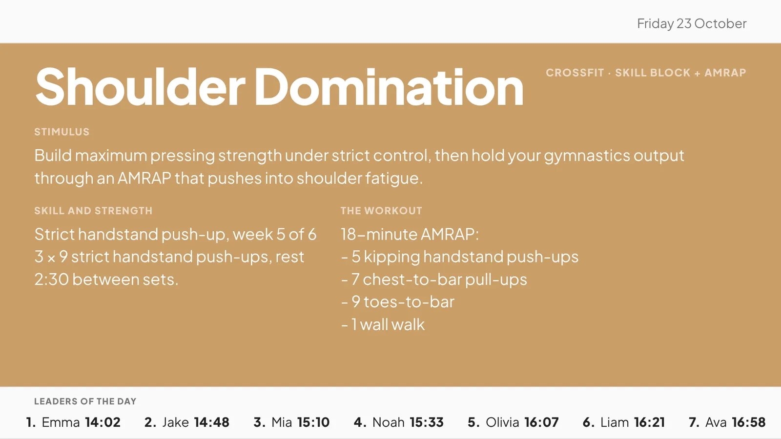 A CrossFit WOD floor screen with today's workout, the skill and strength block and a leaderboard of the day